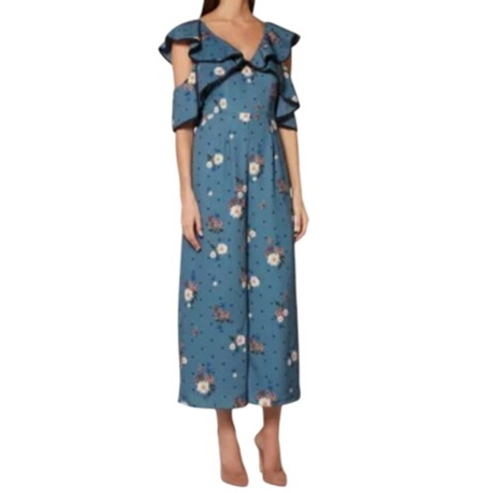 KEEPSAKE THE LABEL Women's Medium Blue Floral Run Free‎ Jumpsuit Cold Shoulder